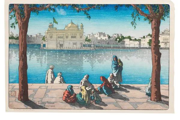 Woodblock printed in colours on wove paper titled 'The Golden Temple, Amritsar', by Charle