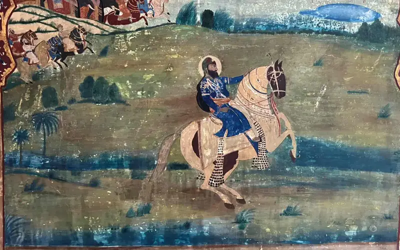 Mural depicting a ruler of Patiala (possibly Maharaja Narinder Singh) on horseback with re