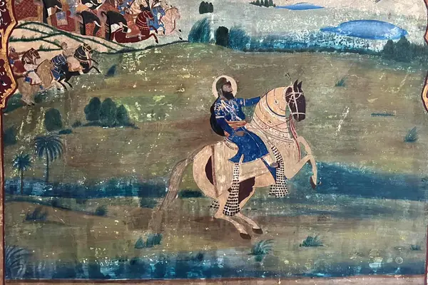 Mural depicting a ruler of Patiala (possibly Maharaja Narinder Singh) on horseback with re