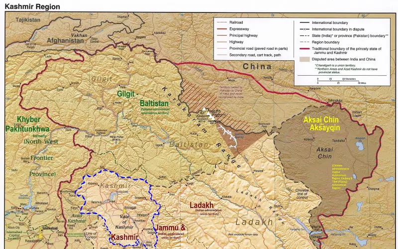 Kashmir region. LOC 2003626427 - showing Kashmir division administered by India in neon bl